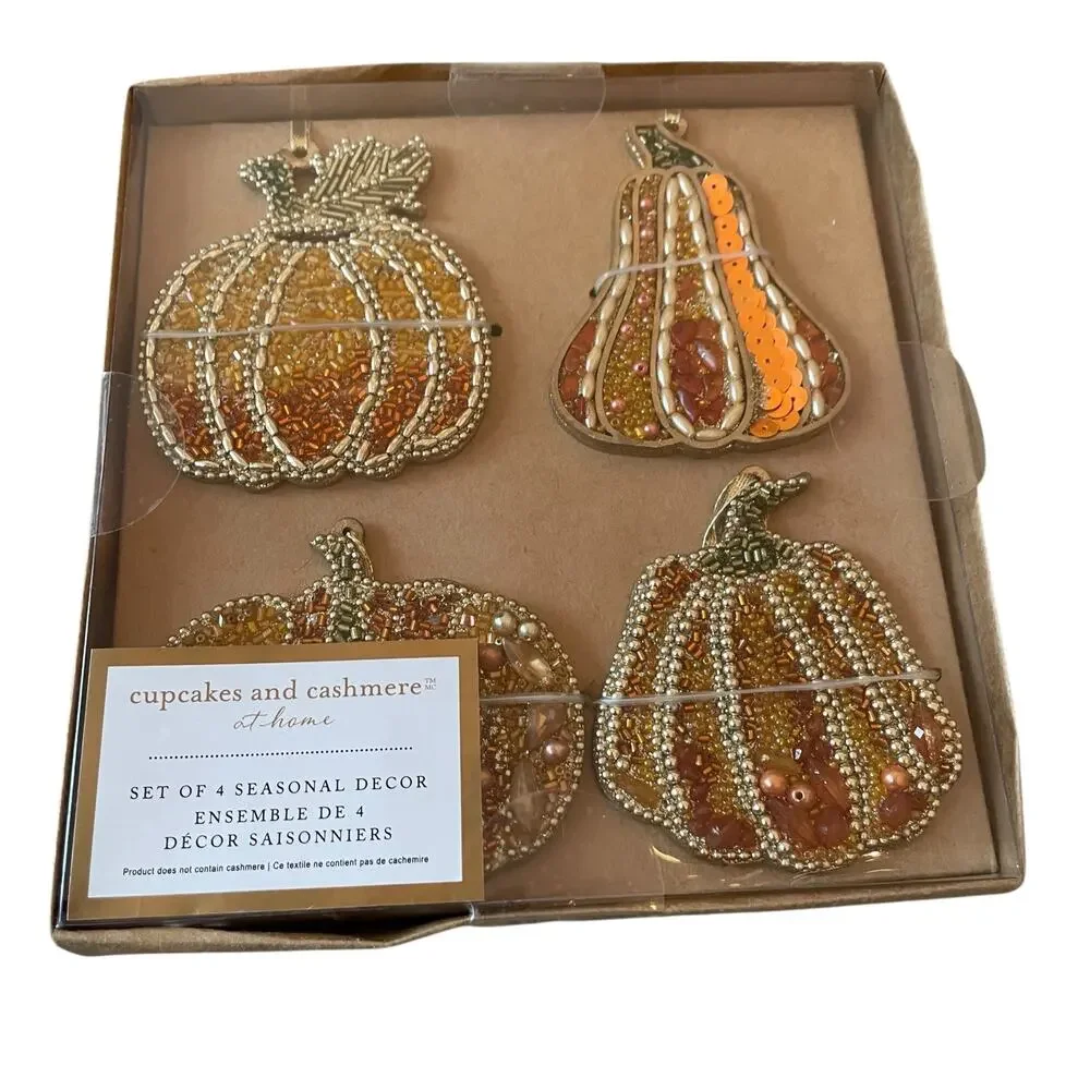 Cupcakes & Cashmere Beaded Pumpkin Ornaments 4pc Fall Decor NEW